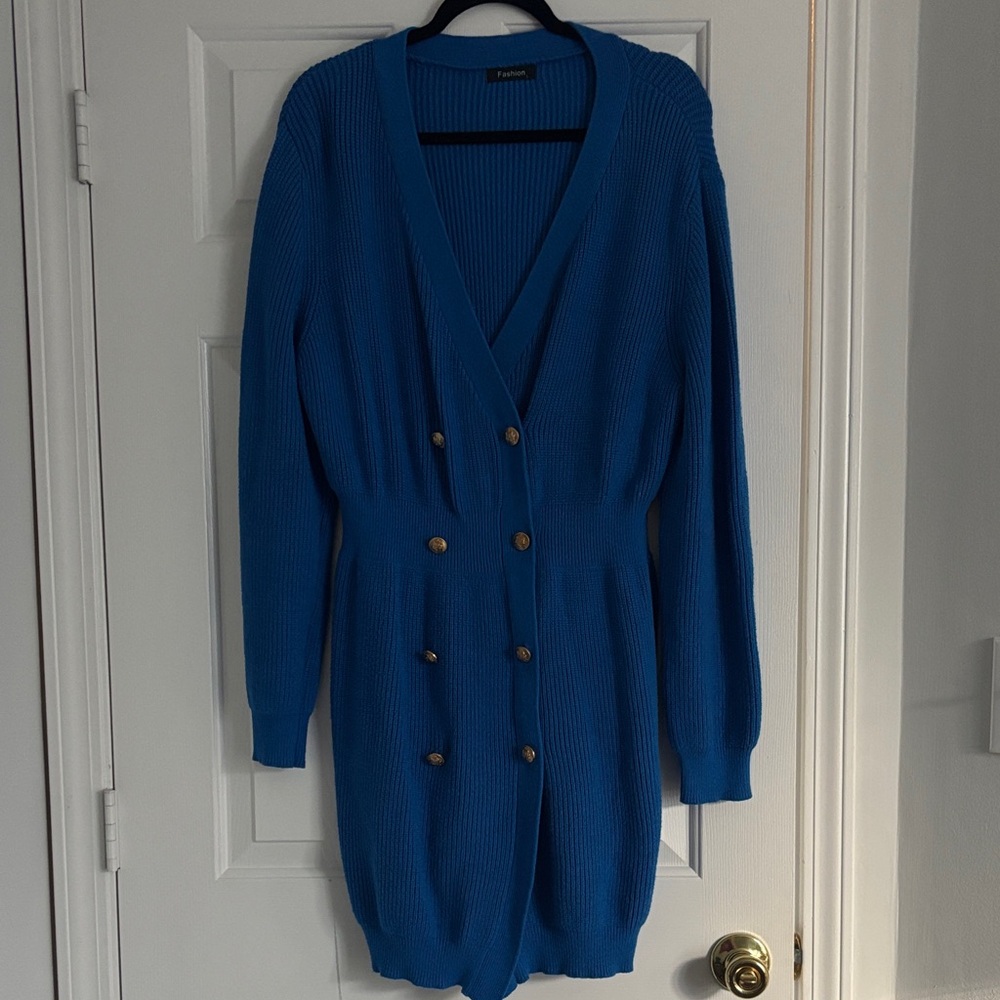Blue Double-Breasted Women's Sweater Dress